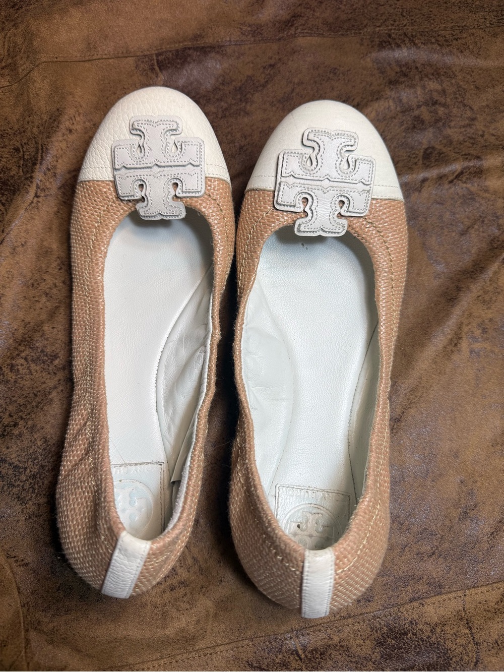34. Tory Burch Tan and White Logo Cap-Toe Ballet Flats